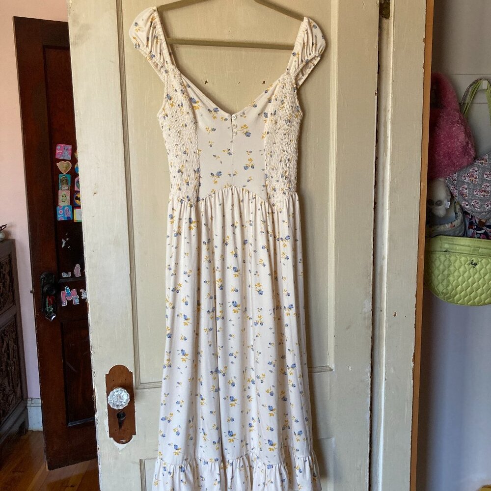 Urban Outfitters Cream Midi Dress with Blue Roses